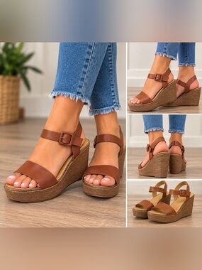 Women’s Platform Wedge Sandals - Brown Leather Look